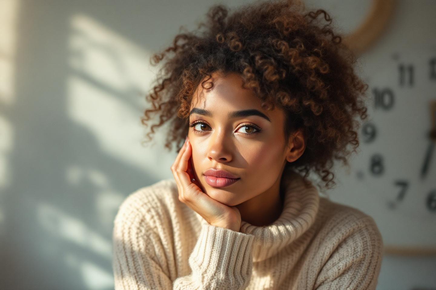 Jeune femme bouclée pensive dans un pull blanc, lumière douce