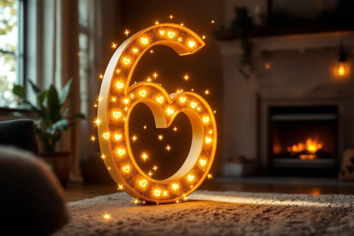 Chiffre 6 décoratif brillant avec des cœurs et des étoiles