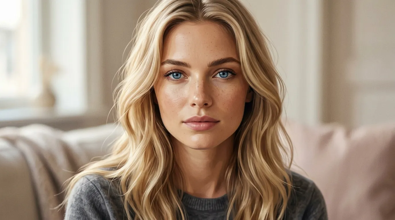 Femme blonde aux yeux bleus dans un intérieur lumineux