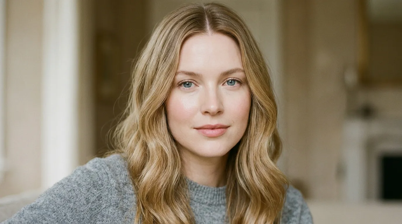 Femme blonde en pull gris, regard direct vers la caméra