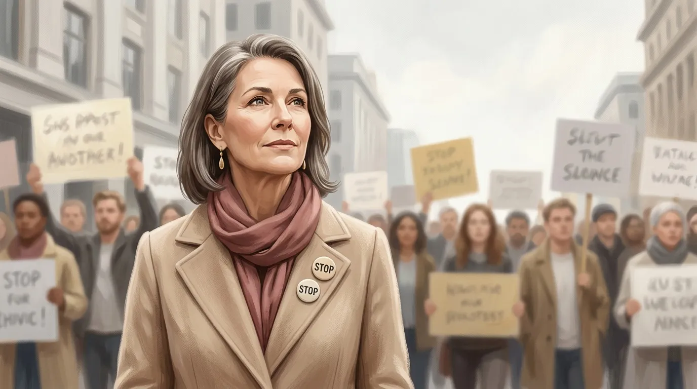 Femme en manteau beige face à une foule de manifestants
