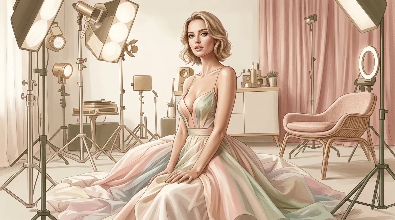 Femme élégante en robe fluide dans un studio photographique professionnel