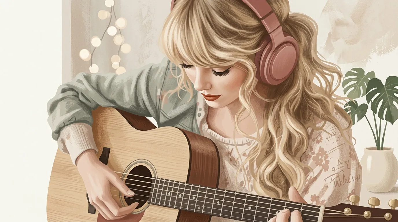 Femme blonde jouant guitare acoustique avec écouteurs rose