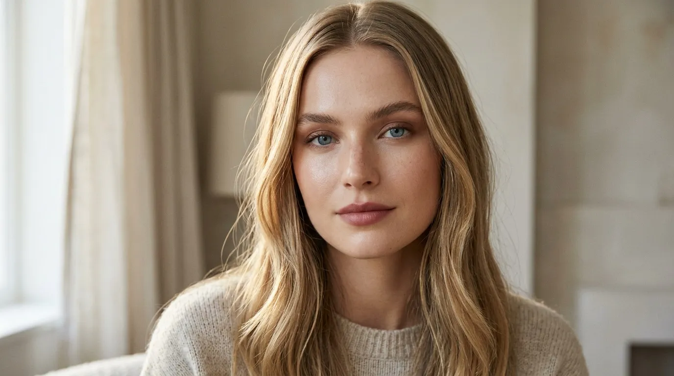 Femme aux cheveux châtains clair, regard pensif, pull beige