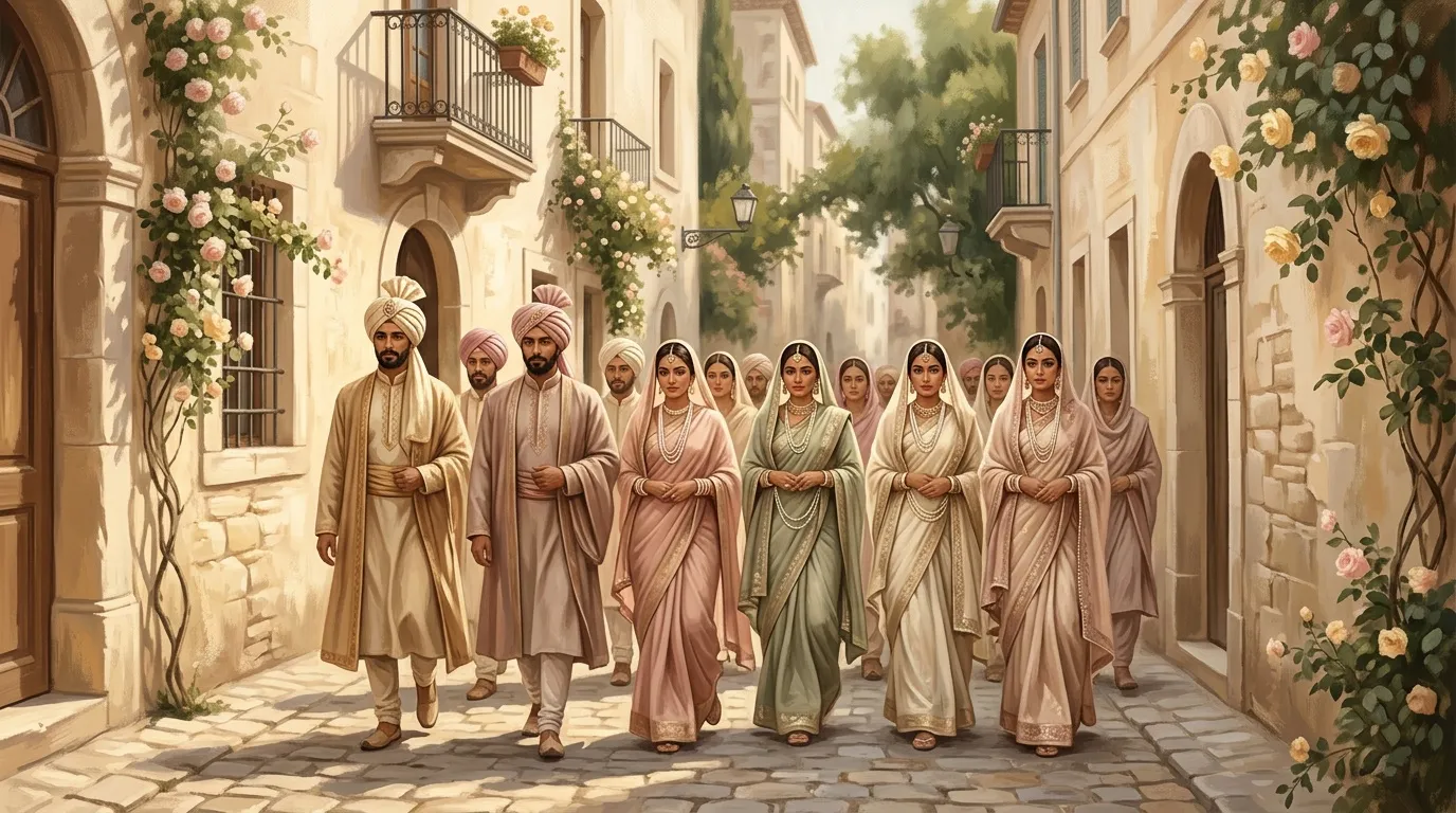 Groupe de personnes en v&ecirc;tements traditionnels marchant dans une ruelle pav&eacute;e fleurie