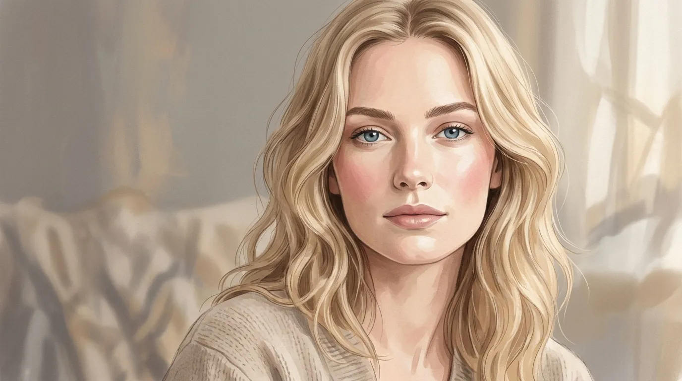 Femme aux cheveux blonds ondul&eacute;s, regard doux et pensif