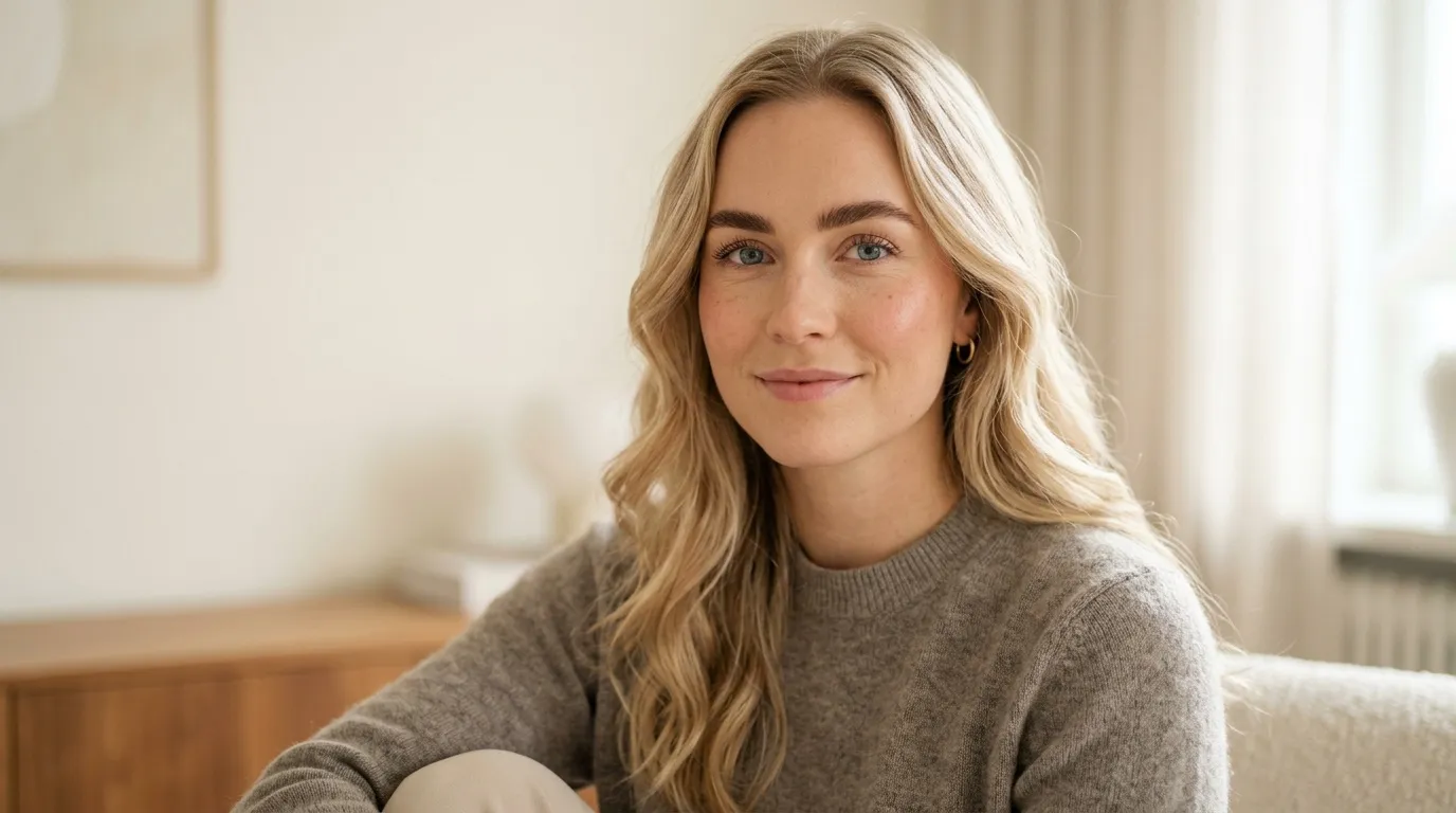 Femme blonde souriante portant pull gris, intérieur clair