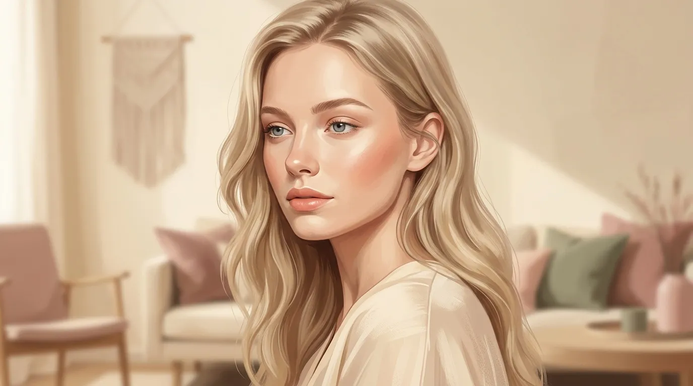 Femme blonde aux yeux bleus dans un intérieur épuré