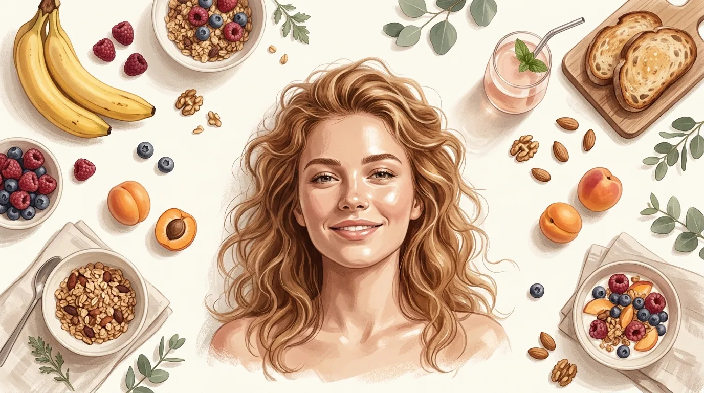 Femme souriante entourée de fruits, céréales et aliments nutritifs