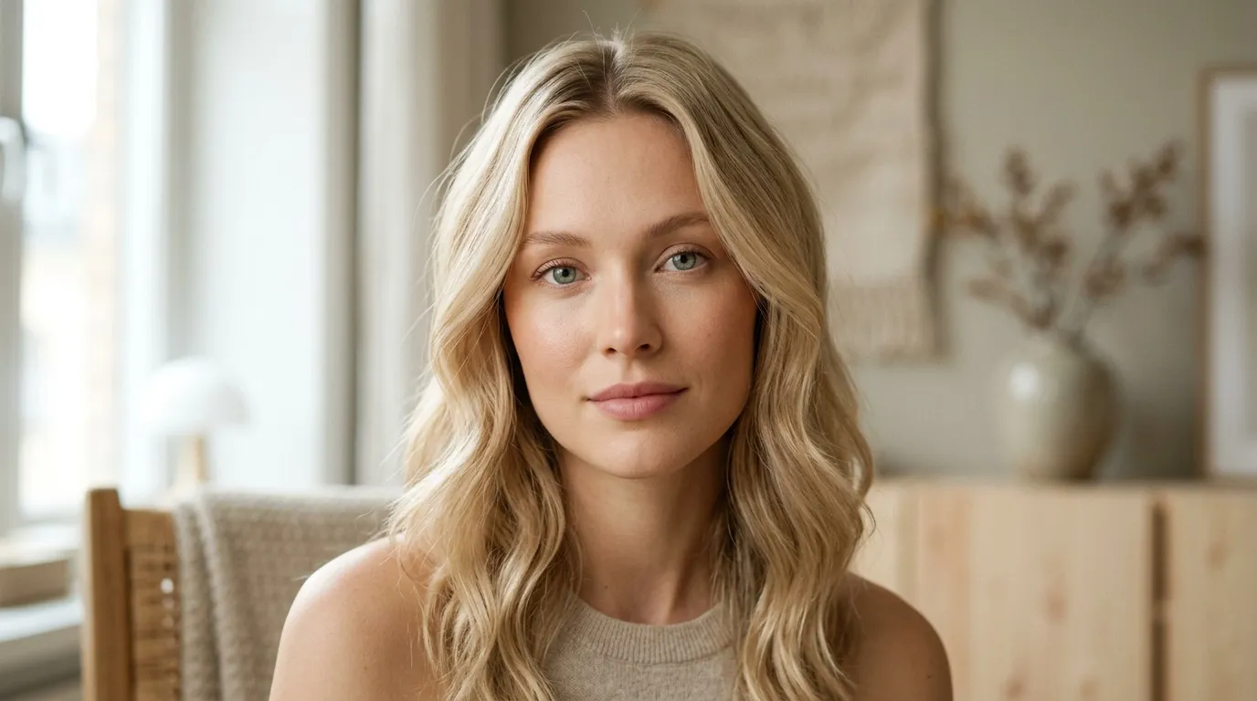 Femme blonde aux cheveux ondulés souriante, intérieur clair