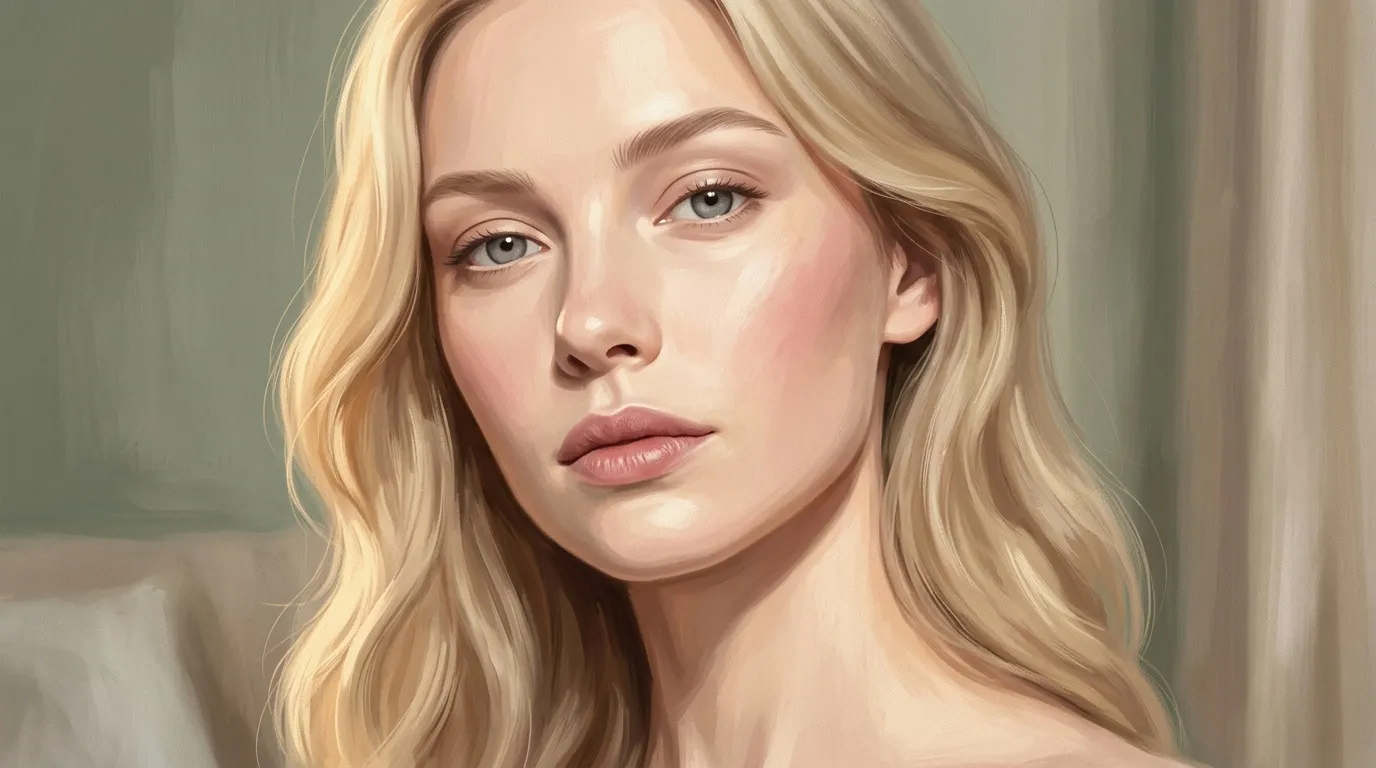 Femme blonde avec regard pensif, fond neutre.