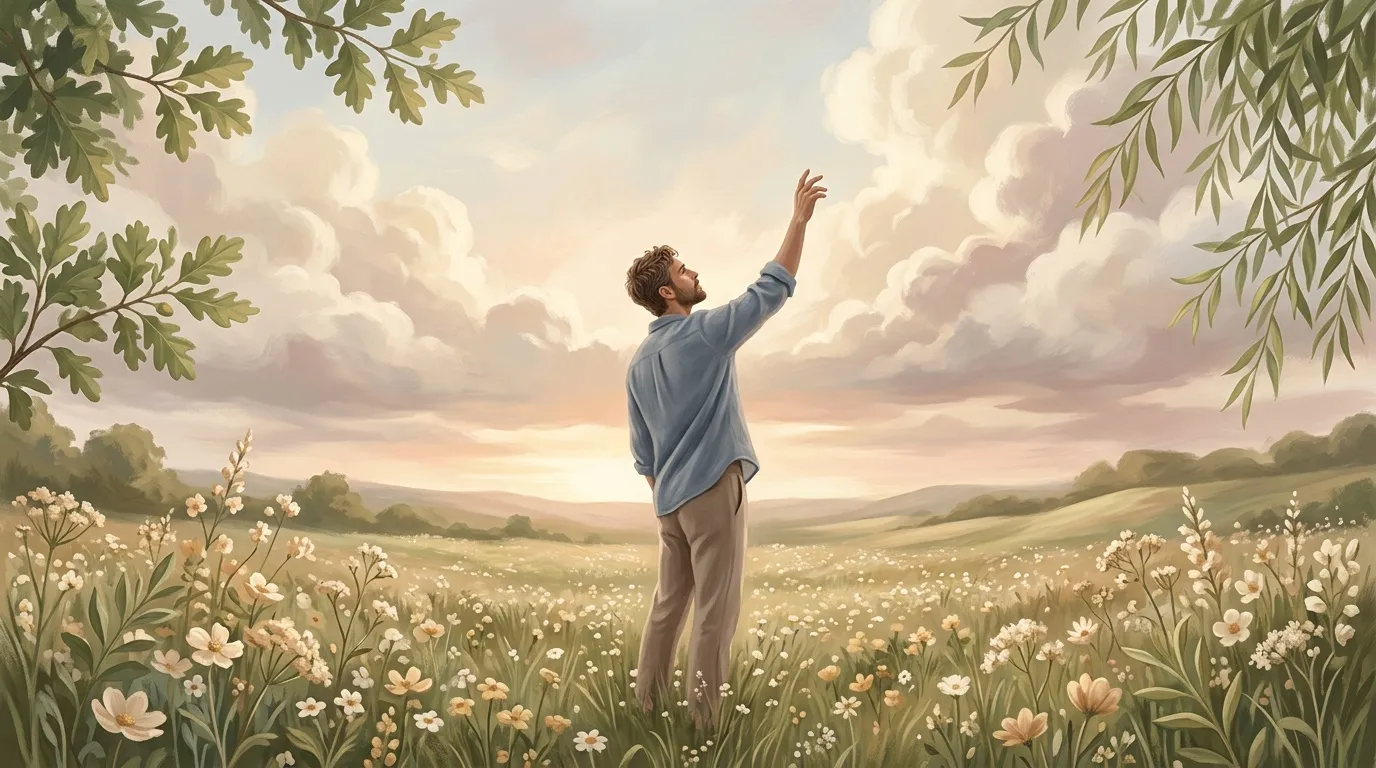 Homme levant le bras dans un champ de fleurs