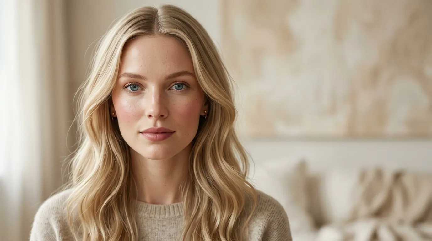 Femme blonde en pull beige, regard direct, fond neutre