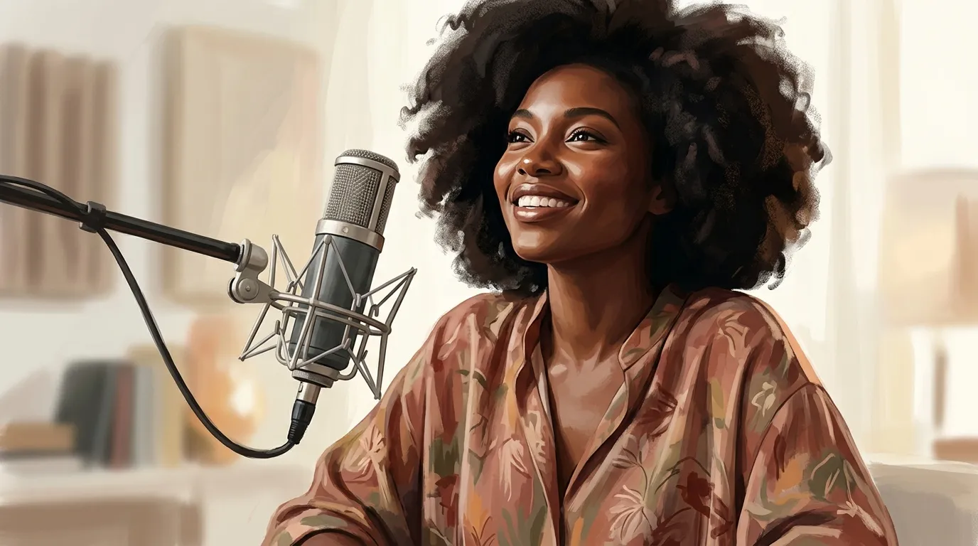 Femme noire souriante enregistrant au microphone de studio