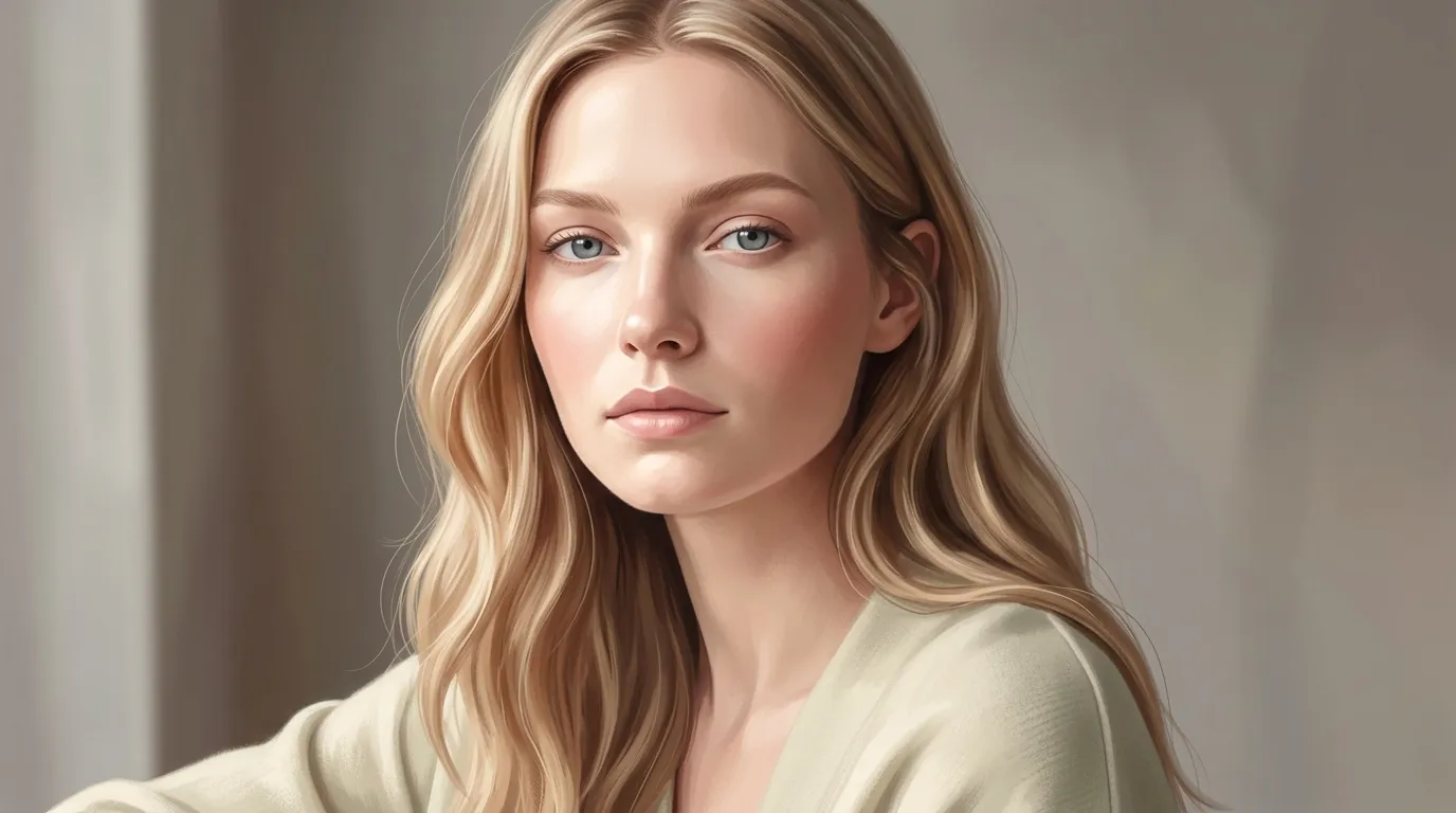 Femme blonde aux yeux bleus, vêtue d'une chemise beige clair