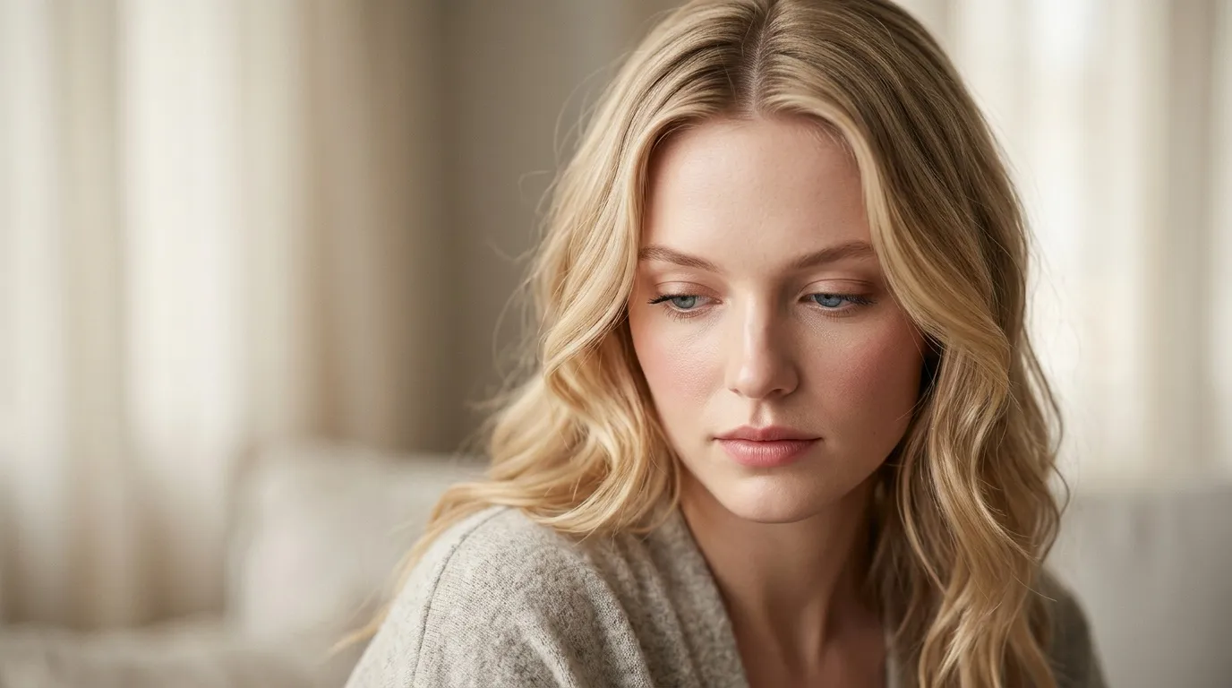 Femme blonde aux yeux baiss&eacute;s, expression pensive et sereine