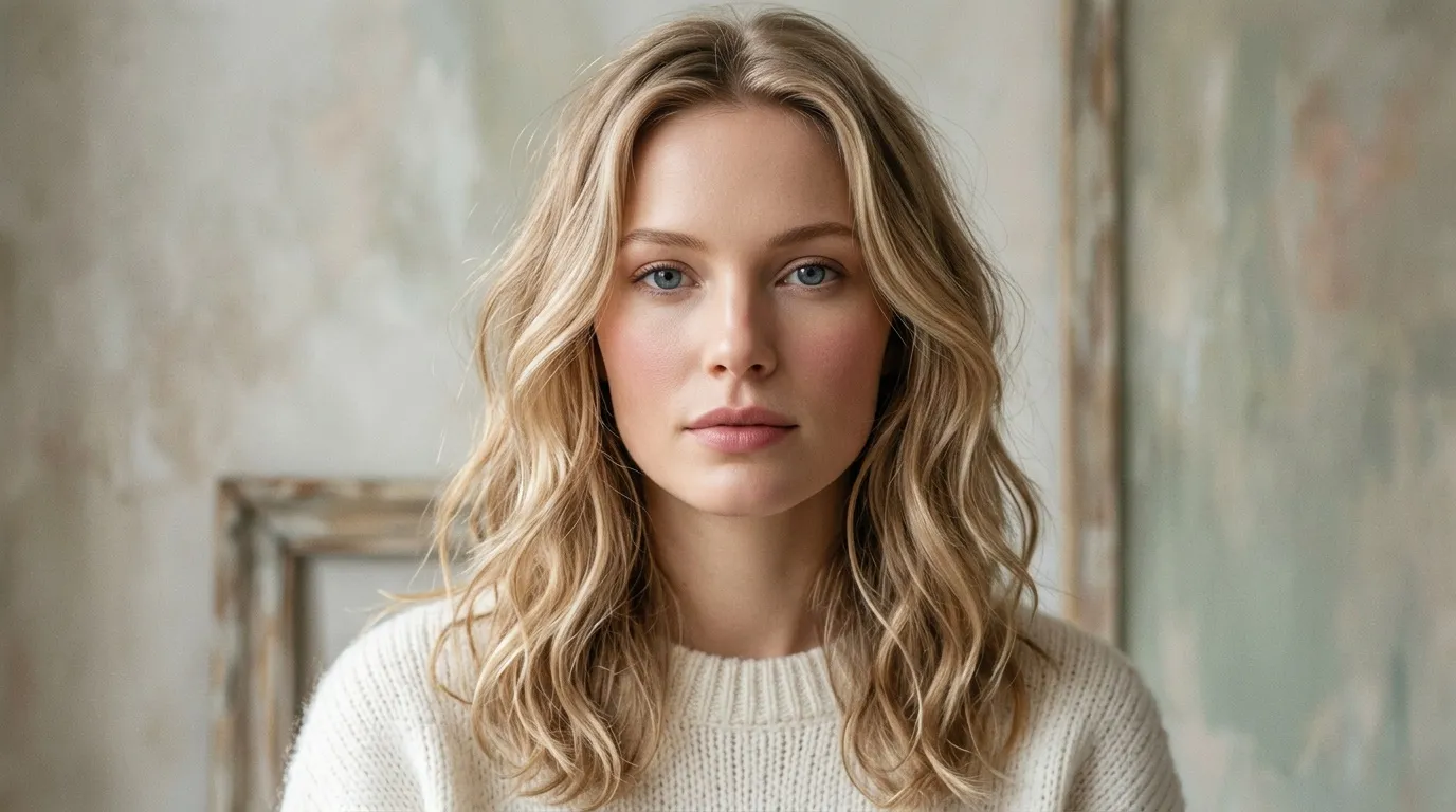 Femme blonde aux cheveux ondul&eacute;s portant un pull blanc cr&egrave;me