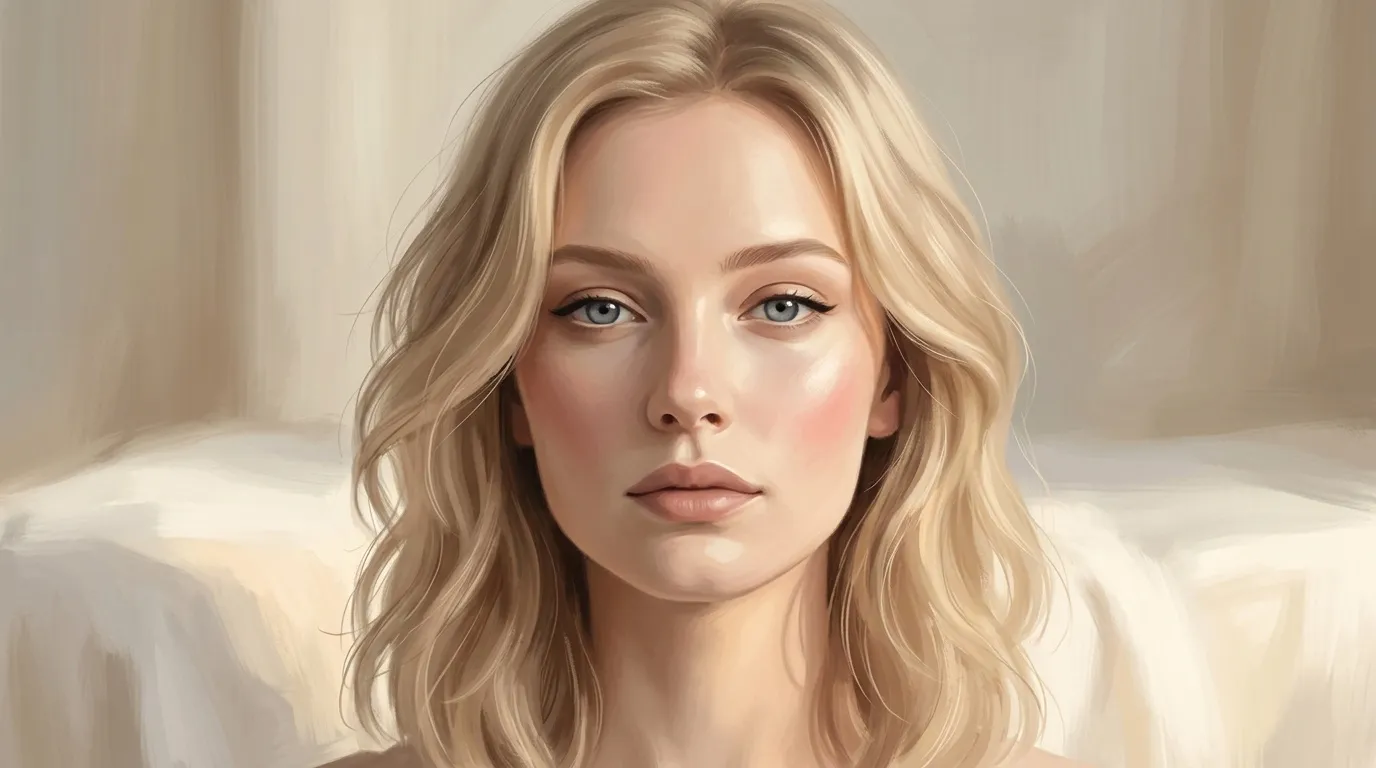 Femme blonde aux yeux bleus, portrait digital r&eacute;aliste