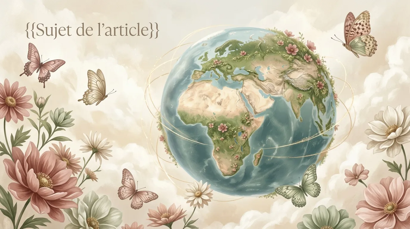Globe terrestre entour&eacute; de fleurs roses et papillons color&eacute;s