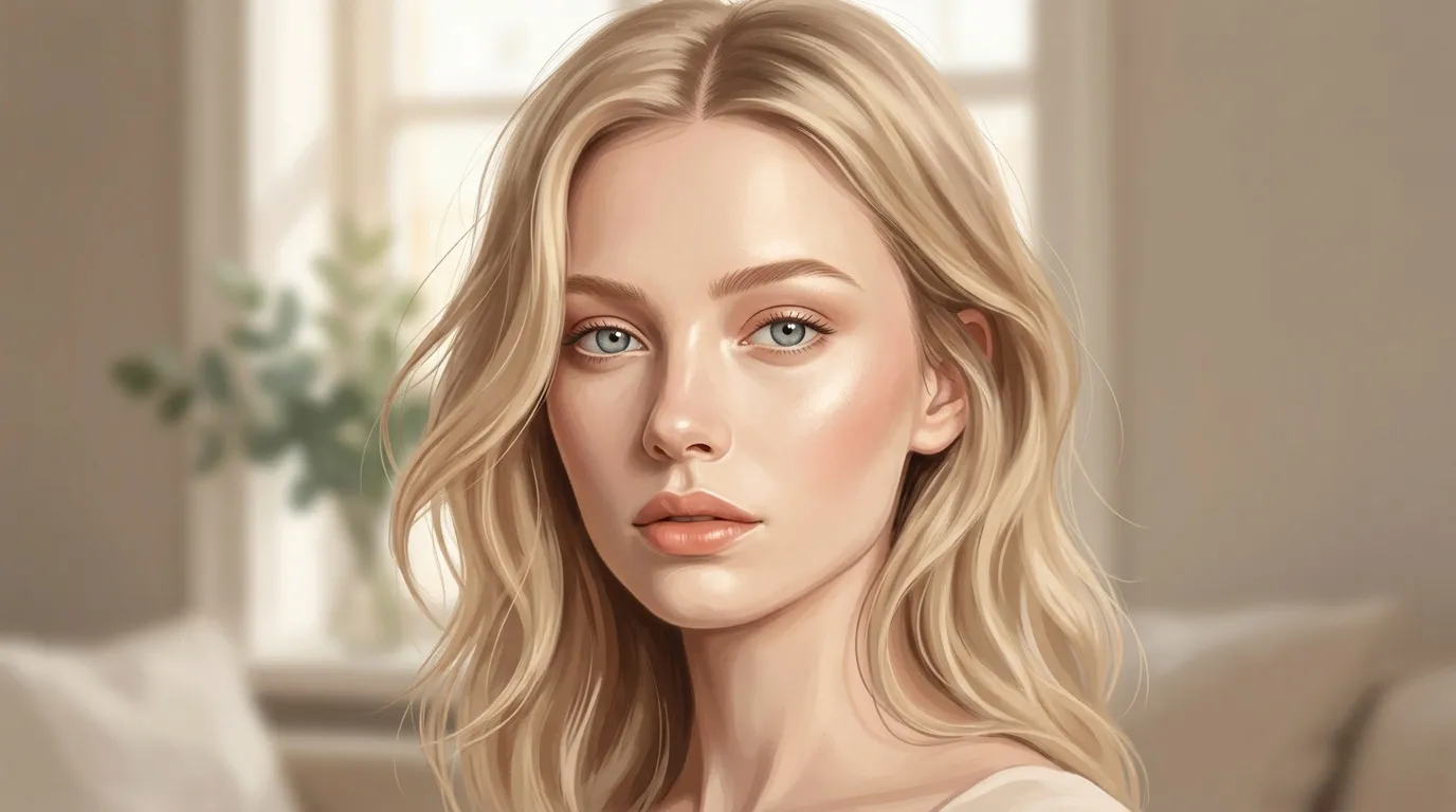 Portrait d'une femme aux cheveux blonds ondulés, regard pensif