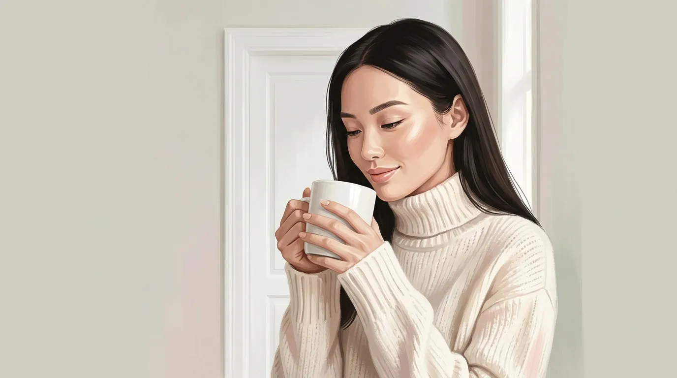 Femme en pull blanc tenant une tasse de café