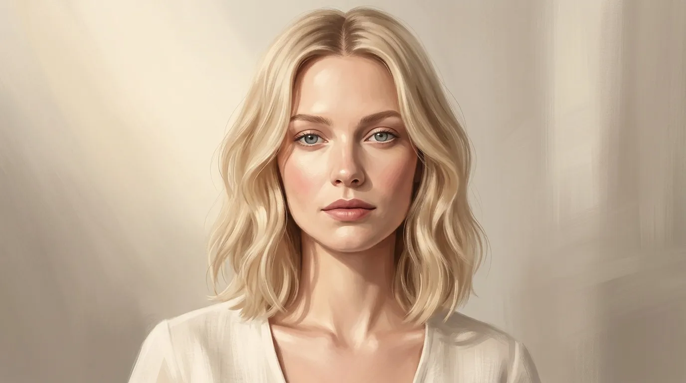 Femme aux cheveux blonds ondulés, regard calme et serein