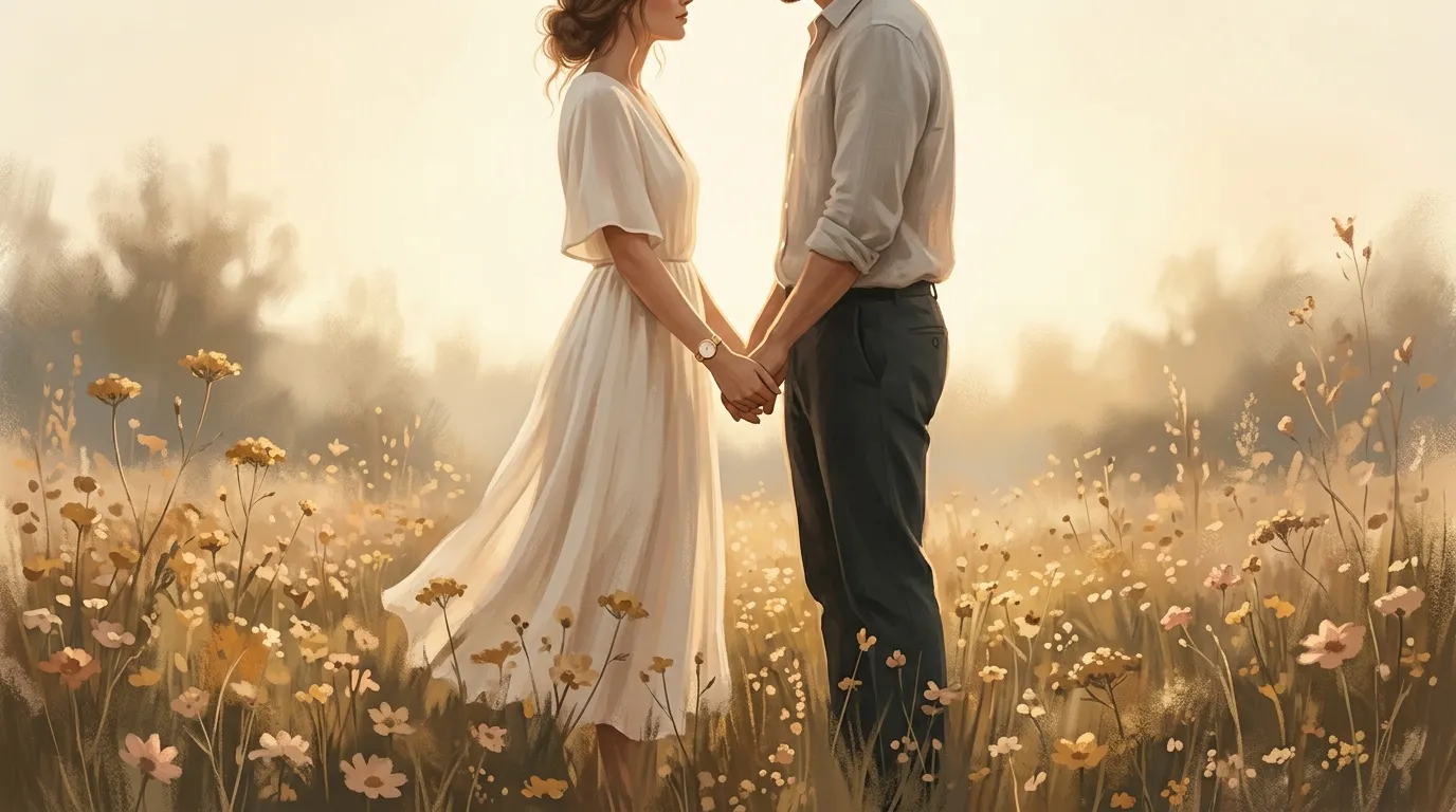 Couple se tenant la main dans un champ de fleurs dorées au coucher du soleil