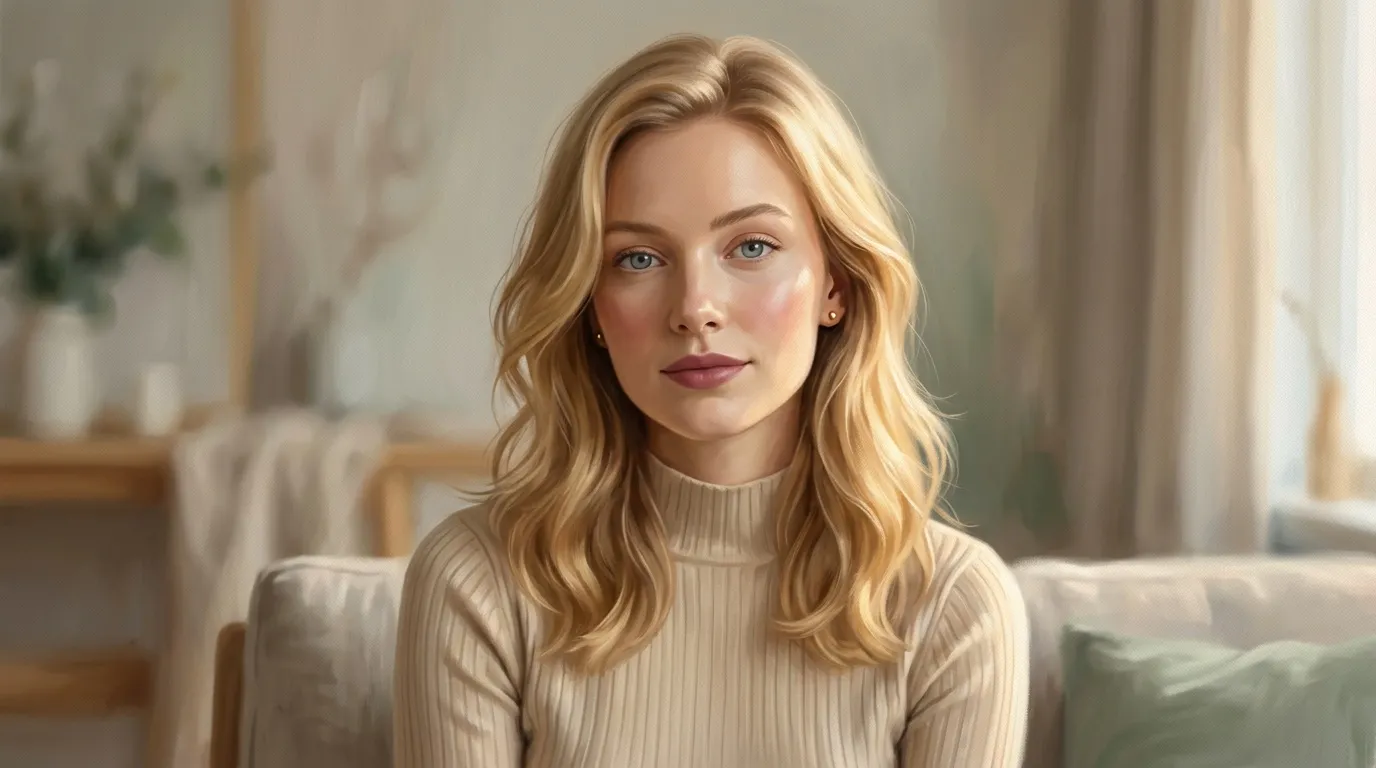 Femme blonde en pull beige, intérieur lumineux