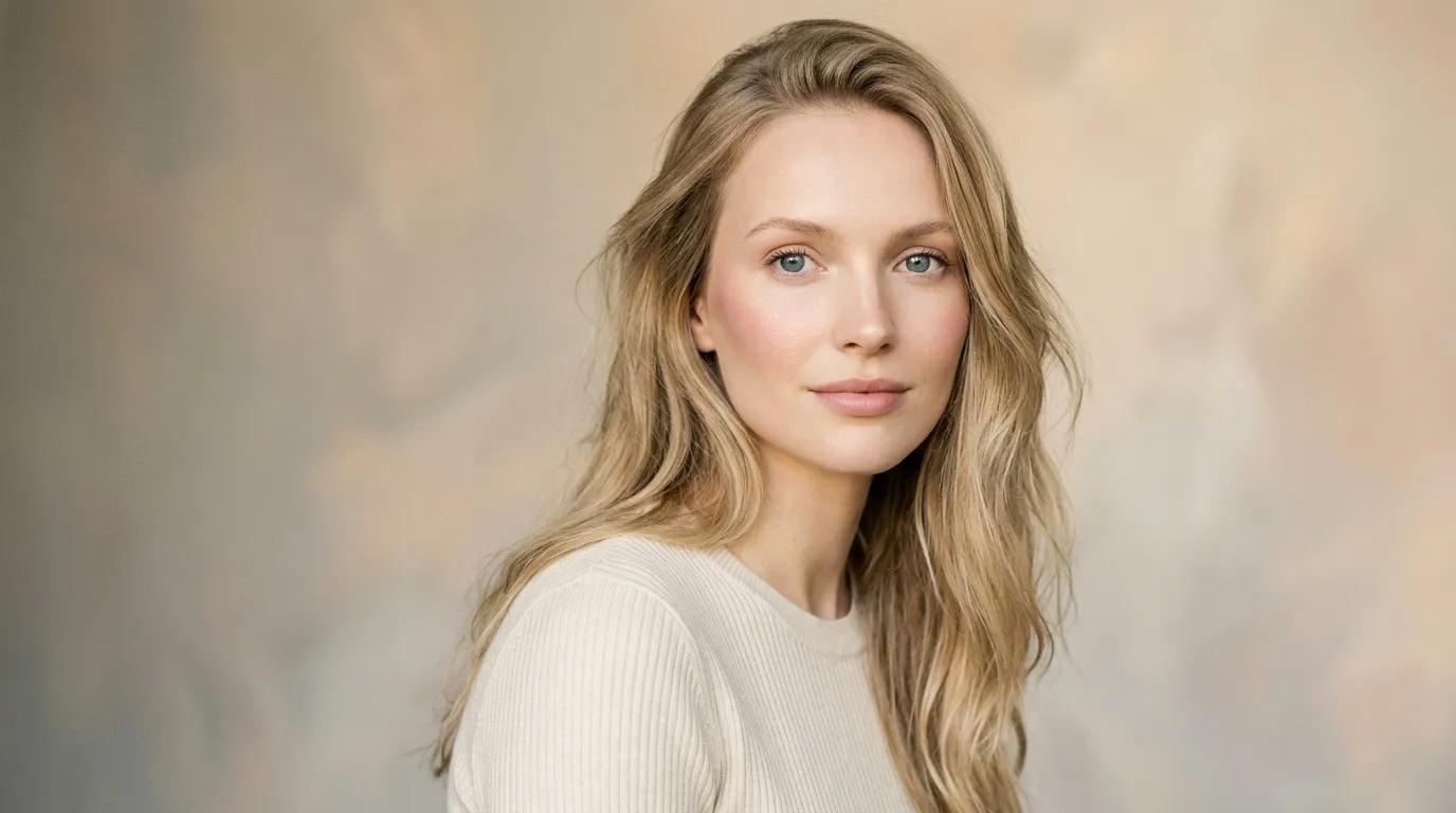 Femme blonde aux cheveux longs, vêtue de blanc, fond neutre