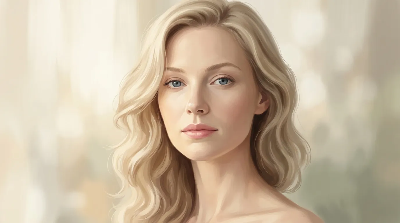 Femme aux cheveux blonds ondulés, regard paisible, fond doux