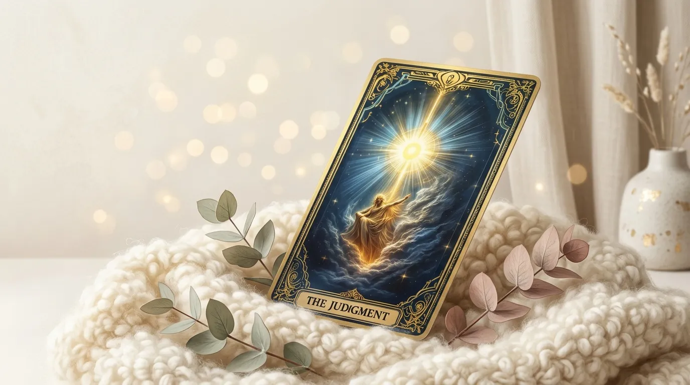 Carte de tarot dorée illuminée sur tissu blanc avec fleurs