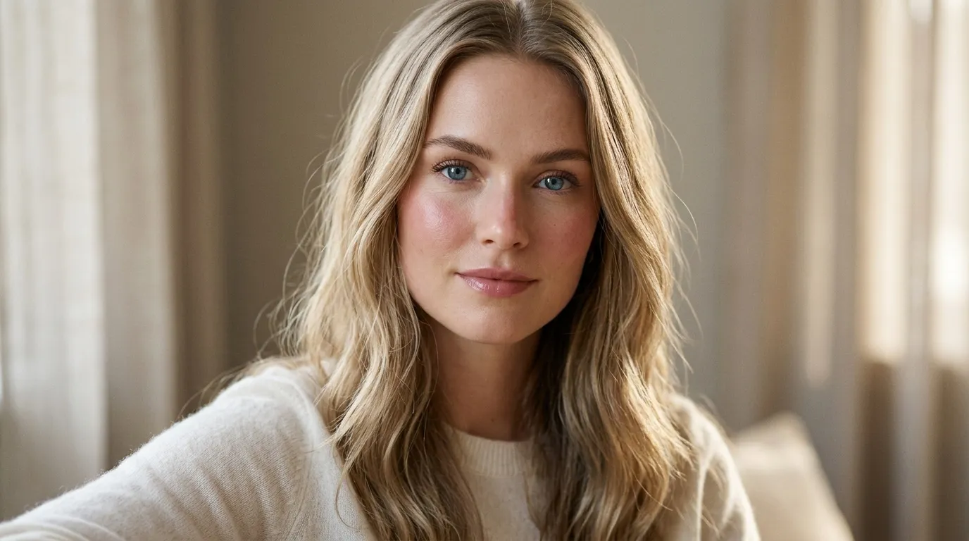 Femme blonde aux yeux bleus, expression sereine et calme
