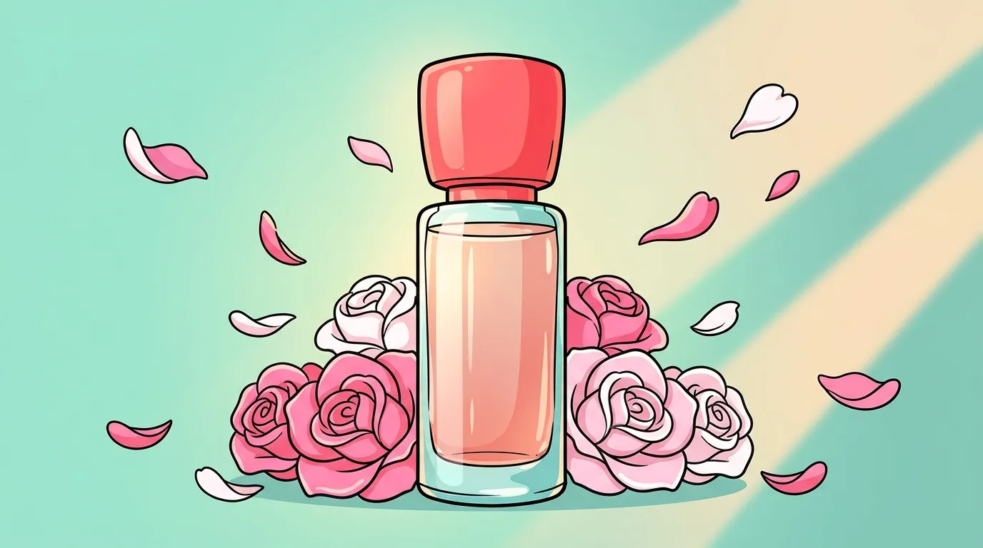 Flacon de parfum rose entouré de roses et pétals