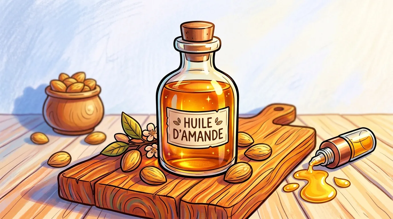 Bouteille d'huile d'amande avec amandes et gouttes dorées