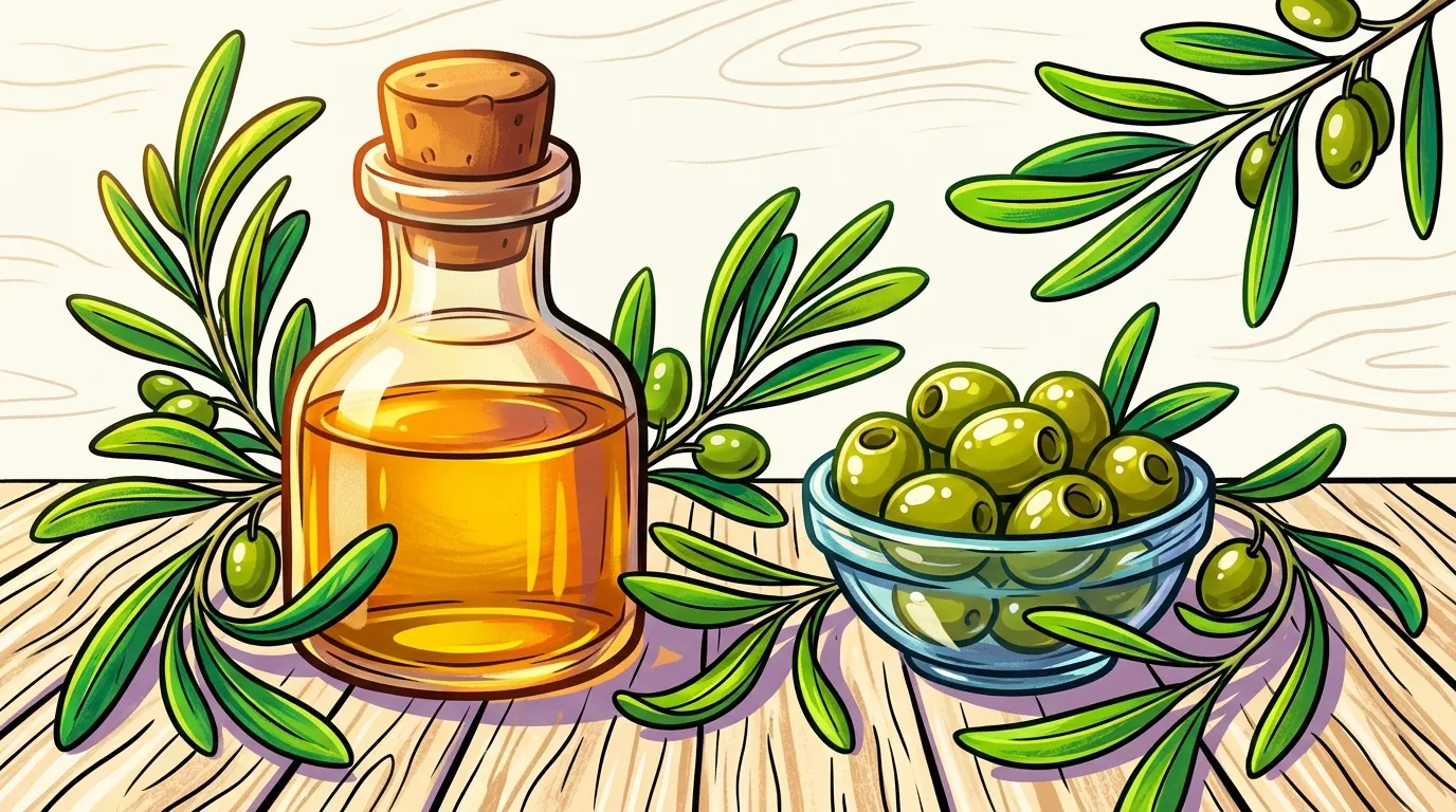 Bouteille d'huile d'olive dorée avec olives vertes fraîches