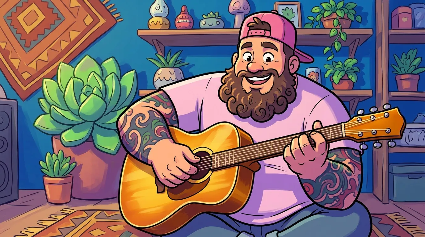 Homme barbu tatoué jouant guitare acoustique entouré plantes
