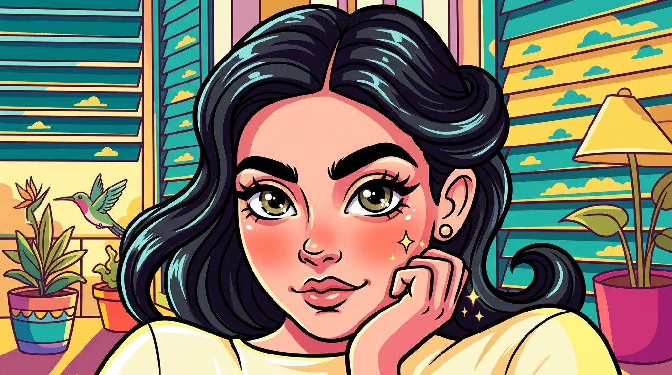 Illustration d'une femme aux cheveux noirs dans un intérieur vibrant