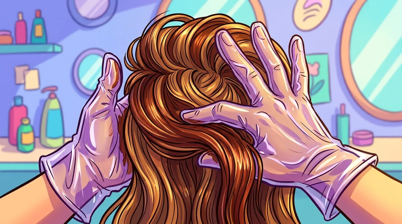 Mains massant cheveux bruns dans salle de bain color&eacute;e