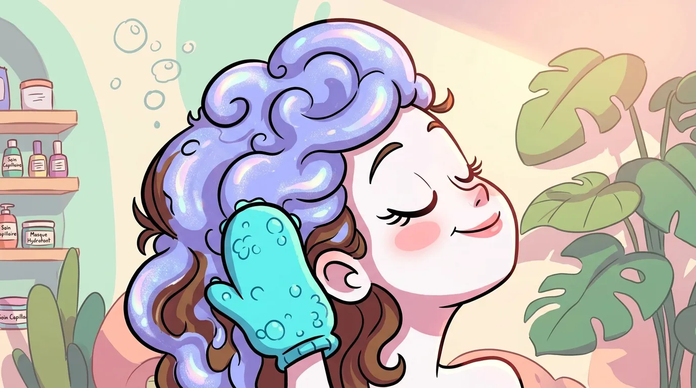 Femme aux cheveux violets avec masque capillaire bleu