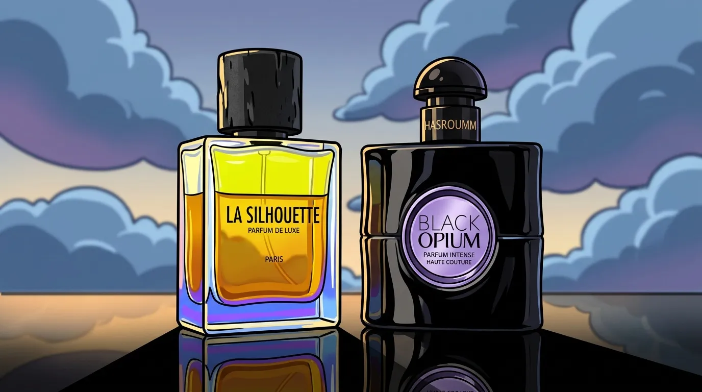 Deux flacons de parfum de luxe sur fond de ciel nuageux
