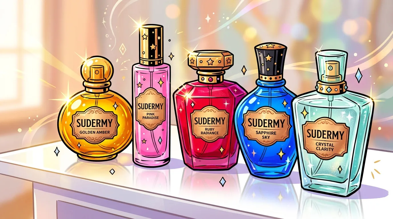 Cinq flacons de parfum Sudermy colorés avec étiquettes dorées
