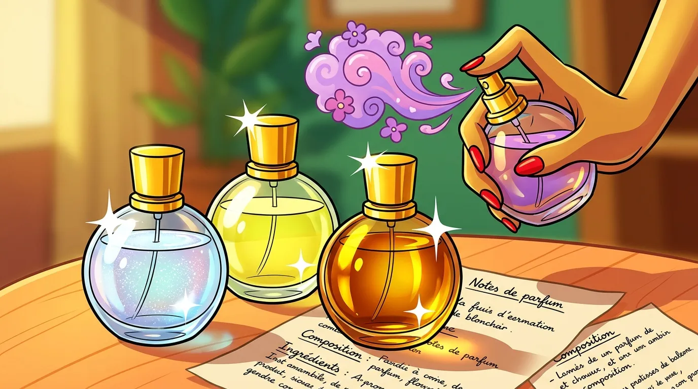 Trois flacons de parfum colorés avec notes de composition