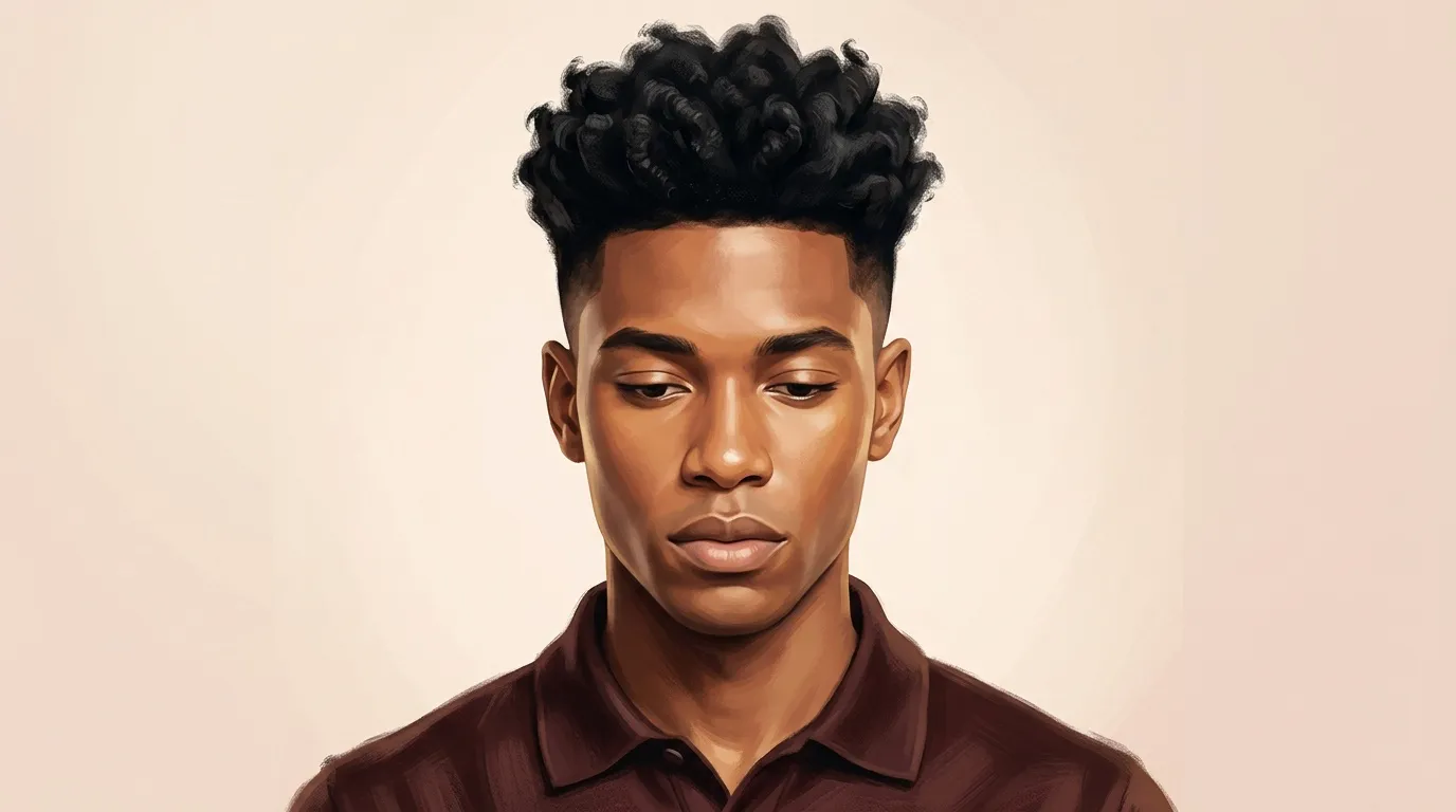Jeune homme avec coupe Afro, regard vers le bas, fond dégradé rose.
