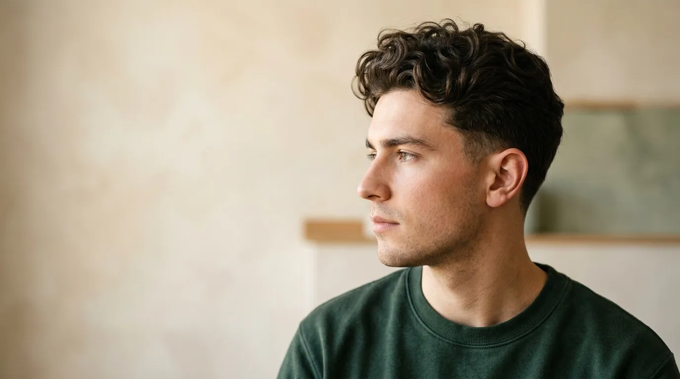Jeune homme en profil portant un t-shirt vert, expression réfléchie