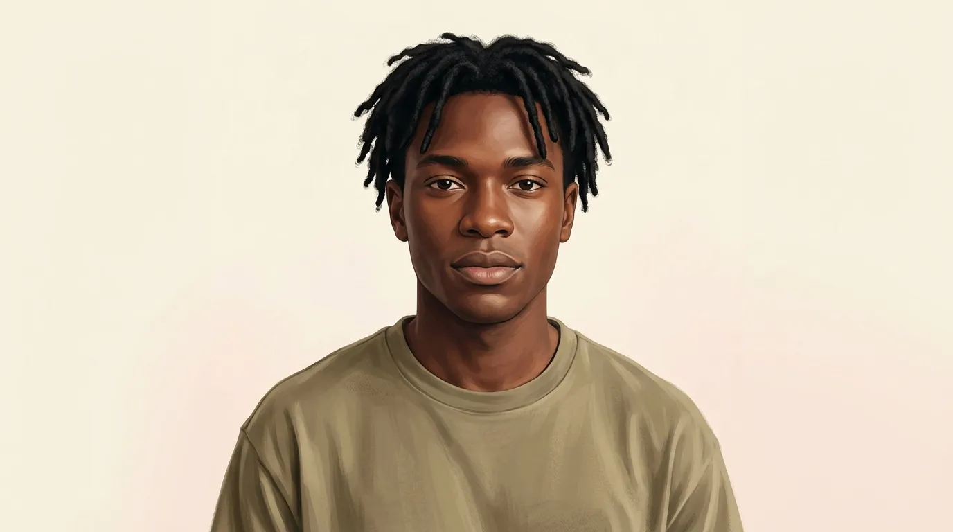 Jeune homme à la peau foncée portant un t-shirt beige