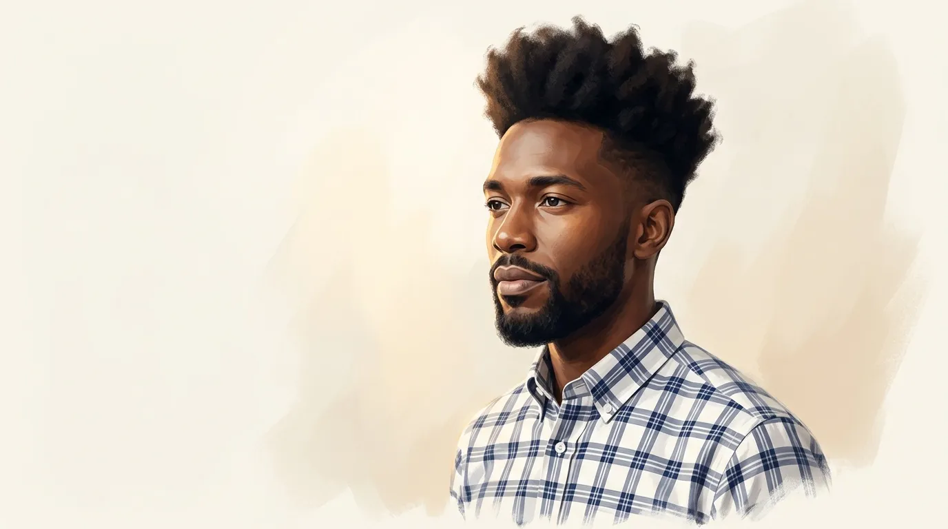 Homme avec coupe afro portant chemise à carreaux bleu et blanc
