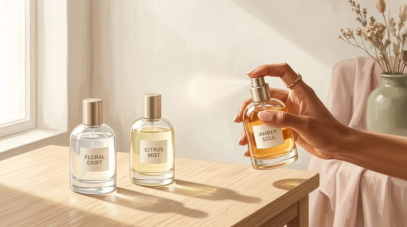 Main tenant un flacon de parfum Amber Soul parmi trois fragrances
