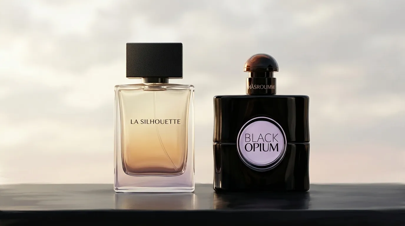 Deux bouteilles de parfum: La Silhouette et Black Opium