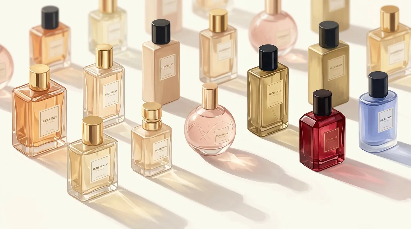 Assortiment de bouteilles de parfum colorées avec étiquettes