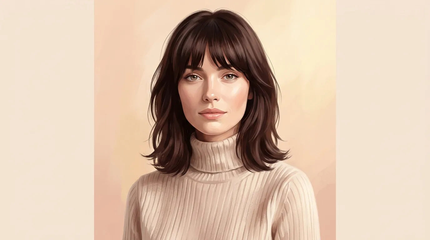 Femme avec cheveux bruns ondulés, pull beige, fond dégradé